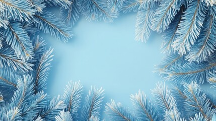 Poster - Frosted pine tree branches forming a frame on a light blue background with copy space for text or design elements