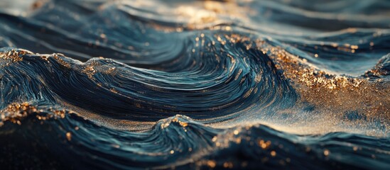 Poster - Close-up of ocean waves with shimmering golden highlights and deep blue tones, featuring textured water patterns and motion, Copy Space