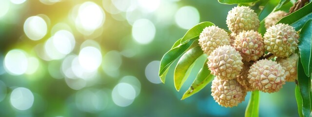 Poster - fresh lychee fruit bunch on tree branch with green leaves and blurred background bokeh copy space