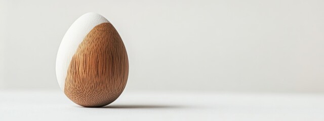 Poster - Decorative wooden egg with a white top and textured brown bottom on a minimalistic background with ample copy space