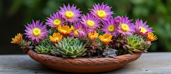 Sticker - Colorful flowering succulent arrangement in a clay pot on a wooden surface with blurred natural background and Copy Space