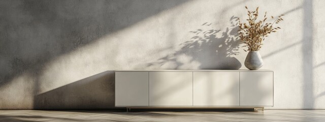 Poster - Modern minimalistic interior with white cabinet against textured wall and decorative vase with dried flowers illuminated by sunlight
