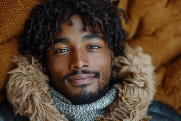 Wall Mural - Close-up portrait of a young man relaxing on a cozy blanket in a warm indoor setting during the fall season