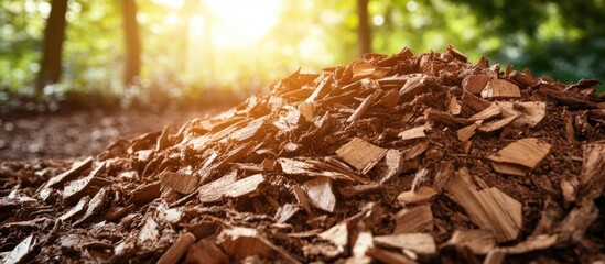 Poster - wood chips pile in a sunlit forest setting with soft focus background and natural light creating a w