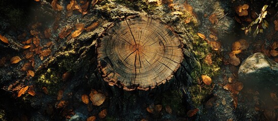 Poster - tree stump surrounded by autumn leaves on forest ground with moss and stones natural setting copy sp