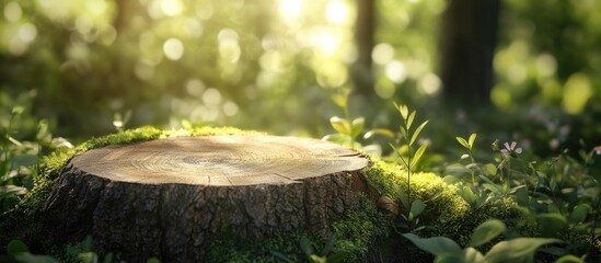 Poster - tree stump covered in moss surrounded by greenery and soft light in a forest setting with natural bo