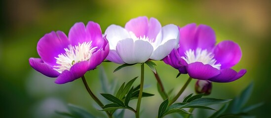 Poster - three blooming peony flowers in shades of pink and white with green leaves in a blurred background p