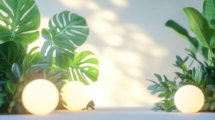 Poster - Decorative arrangement of glowing spherical lights surrounded by lush green foliage with soft focus background and ample Copy Space.