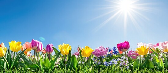 Wall Mural - Colorful flower field under bright sunshine with clear blue sky in background and vibrant tulips, ideal for spring themes, Copy Space