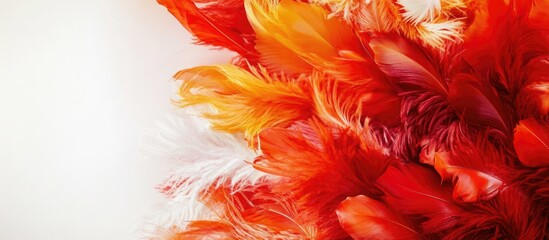 Poster - colorful vibrant feathers in shades of red and orange with a soft white background and ample copy sp