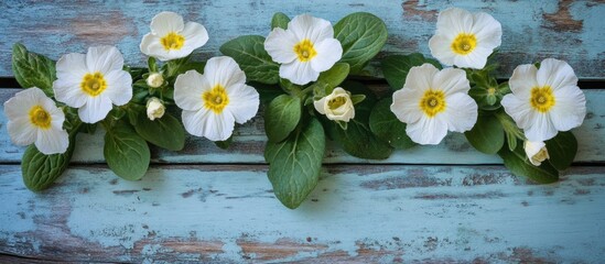 Poster - white flowers with yellow centers arranged on a weathered blue wooden background with green leaves a