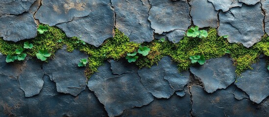 Canvas Print - Stone texture background with green moss and small plants growing between slate stones Copy Space