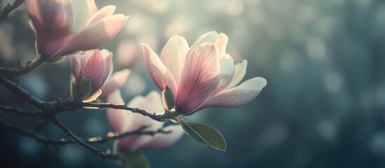 Poster - Delicate pink magnolia flowers blooming on branches with soft blurred background and natural light Copy Space