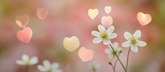 Wall Mural - Delicate white flowers with heart-shaped bokeh lights on a soft pink background featuring ample Copy Space.