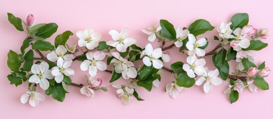 Wall Mural - Apple blossom branch with white and pink flowers and green leaves on pink background with copy space