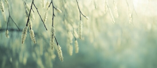 Poster - close-up of delicate tree branches with soft greenish background showcasing flowering buds and natur