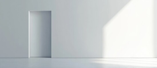 Poster - minimalist interior with open doorway and shadow on white wall and floor, ample copy space for text 