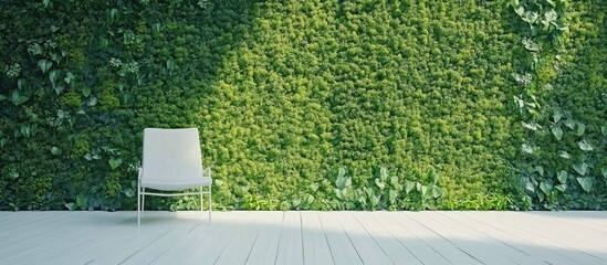 Wall Mural - Modern interior with empty white chair in front of lush green vertical garden wall and wooden floor Copy Space