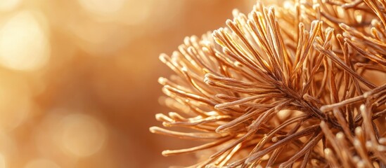Poster - close-up of dried golden pine needles with soft blurred background light and warm tones suitable for
