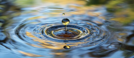 Poster - Water drop creating ripples in a pond with reflections and blurred background ideal for water themes and nature concepts Copy Space