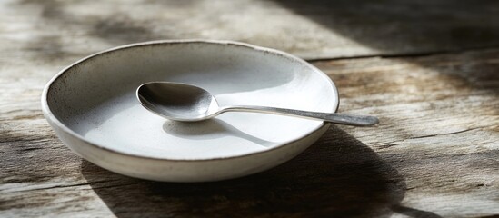 Poster - ceramic dish with silver spoon resting inside on rustic wooden table with natural light shadows and 