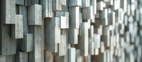 Poster - Abstract close-up of textured wooden block wall with geometric patterns providing depth and detail, suitable for backgrounds, Copy Space.
