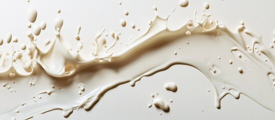 Poster - Liquid splash in cream color on a light background with droplets and flowing patterns ideal for design with Copy Space
