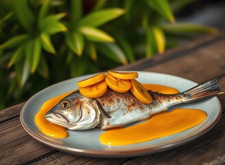 Wall Mural - an image of a fish with slices of orange on it, there is a fish with a bunch of slices of orange on it