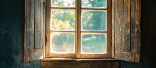 Old wooden window with open shutters and scenic view of greenery outside, natural light illuminating interior, Copy Space.