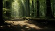 © iAmP - A peaceful forest wallpaper with gentle sunlight filtering through leaves, vacant space on the left side,generative ai illustration