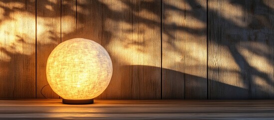 Wall Mural - Soft glowing round lamp on wooden surface with textured wall and shadow patterns, decorative lighting, interior design with copy space.