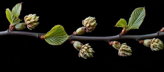 Poster - green buds and fresh leaves on a springtime branch with black background showcasing nature's renewal