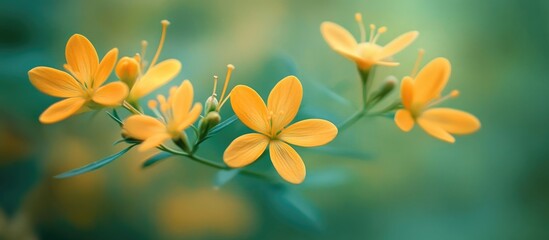 Wall Mural - Yellow flowers with green leaves in soft focus background natural setting suitable for botanical design Copy Space