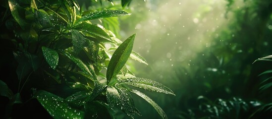 Wall Mural - Vivid green foliage with droplets of water in a lush rainforest setting with soft light and Copy Space for text.