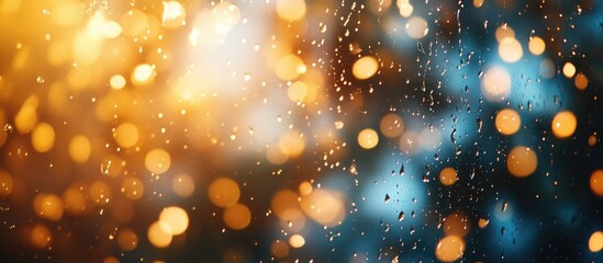 Poster - rain drops on window with blurred golden and blue bokeh background creating a warm and atmospheric e