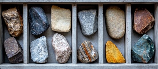 Poster - Collection of various natural stones displayed in a rectangular tray with individual compartments for each rock and Copy Space.