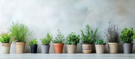 Poster - potted plants of various types in ceramic containers arranged on a shelf against a textured backgrou