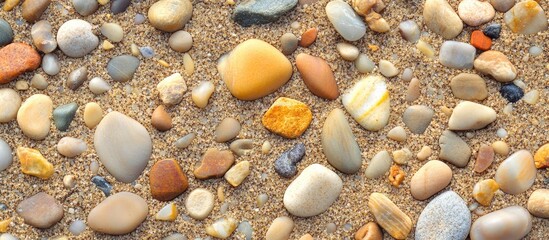 Poster - colorful pebbles and stones on sandy beach surface natural texture with smooth and rough surfaces co