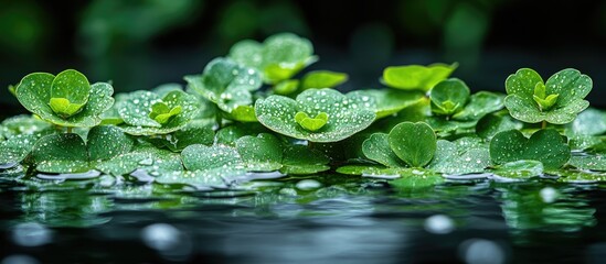 Canvas Print - Water droplets on green aquatic plants floating on a dark pond with reflections and Copy Space for text.