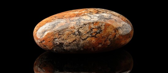 Poster - Polished orange and gray stone with natural patterns on dark reflective surface isolated on black background Copy Space