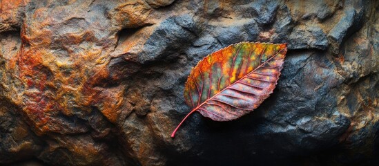 Poster - colorful autumn leaf on textured dark rocks background with natural patterns and colors copy space