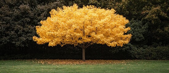 Poster - vibrant yellow autumn tree in a green field surrounded by darker foliage with clear space for text p