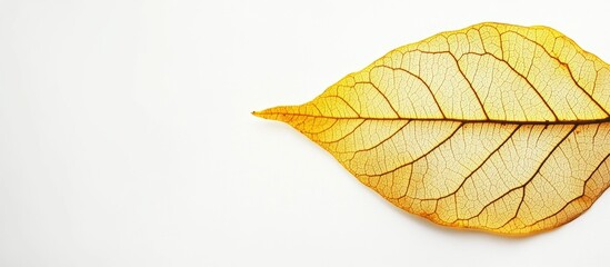 Poster - dried yellow leaf with intricate venation on white background with ample copy space for text placeme