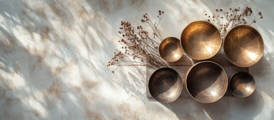 Poster - decorative arrangement of bronze bowls on a wooden shelf with dried flowers and soft shadows on a te