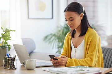 Poster - Phone, contact and woman in home typing email for online university application information. Communication, education and female student with cellphone for virtual college admission form at apartment