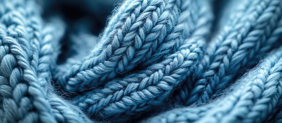 Poster - Close-up of soft blue knitted fabric with intricate patterns and texture ideal for textile backgrounds and fashion themes copy space
