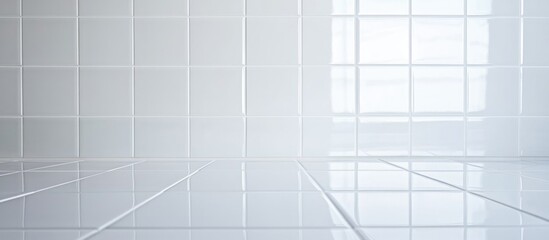 Poster - White ceramic tile floor and wall with glossy finish reflecting light on surface providing clean and modern aesthetic Copy Space