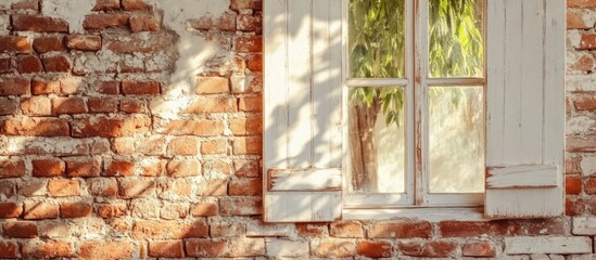 Poster - Old brick wall with rustic wooden window and natural light illuminating the space Copy Space