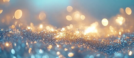 Poster - soft out of focus glittering lights with a dreamy blue and warm golden background creating a festive