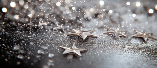 Poster - Glistening silver stars on a reflective surface with sparkling bokeh and light effects for festive or decorative themes Copy Space